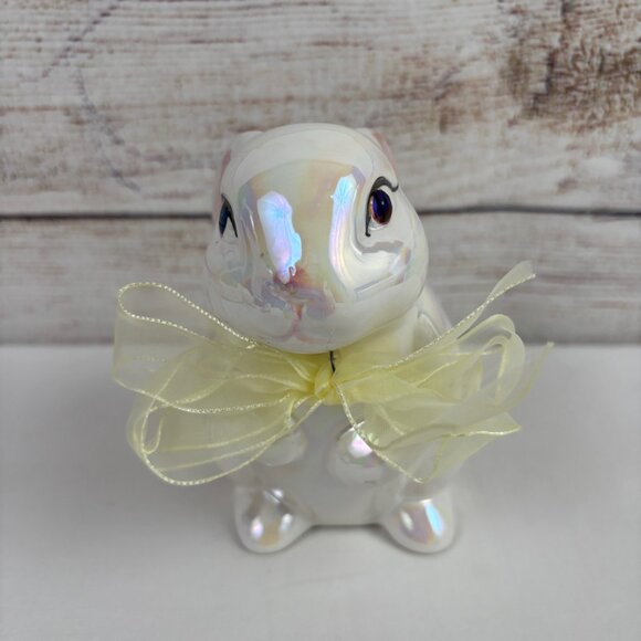 VTG White Bunny Rabbit Figurine Iridescent Glossy Luster Yellow Flowers - Picture 6 of 9